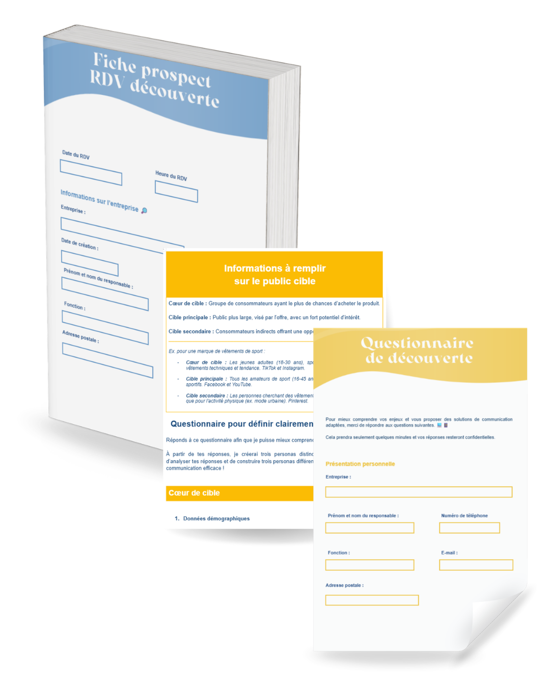 Fiche prospect, Questionnaire sur le public cible et questionnaire découverte inclus dans le Pack Community Manager